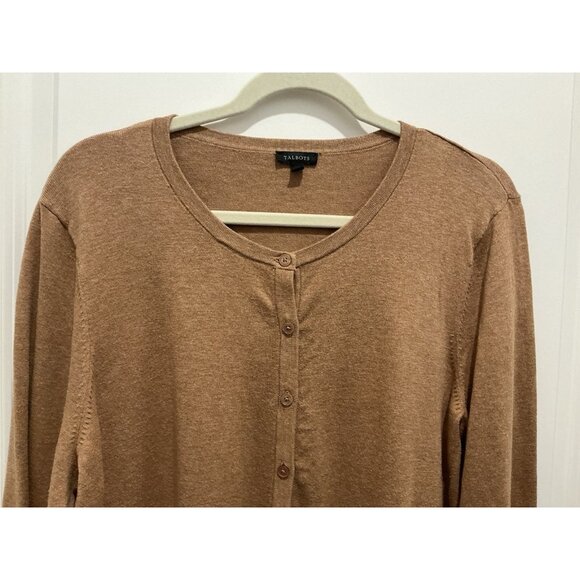 Talbots Classic Crew Neck Cardigan XL Camel Button Front Long Sleeve - Picture 2 of 8